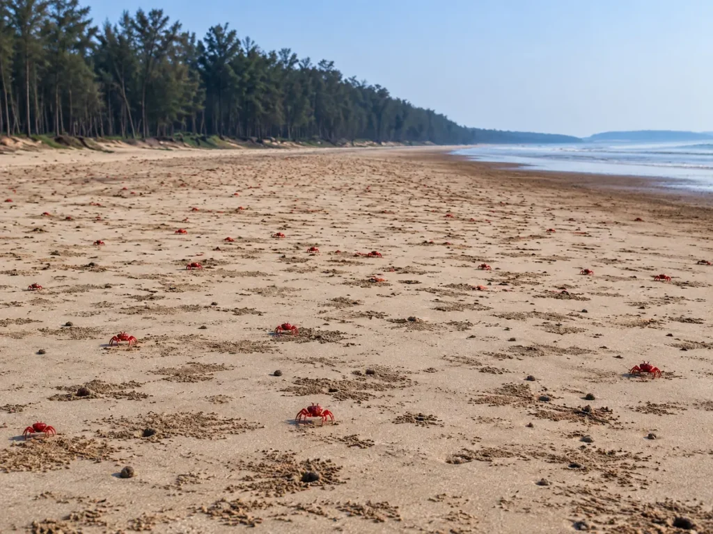 Red crabs on the sandy beach at Dublagadi & Bagda Beach